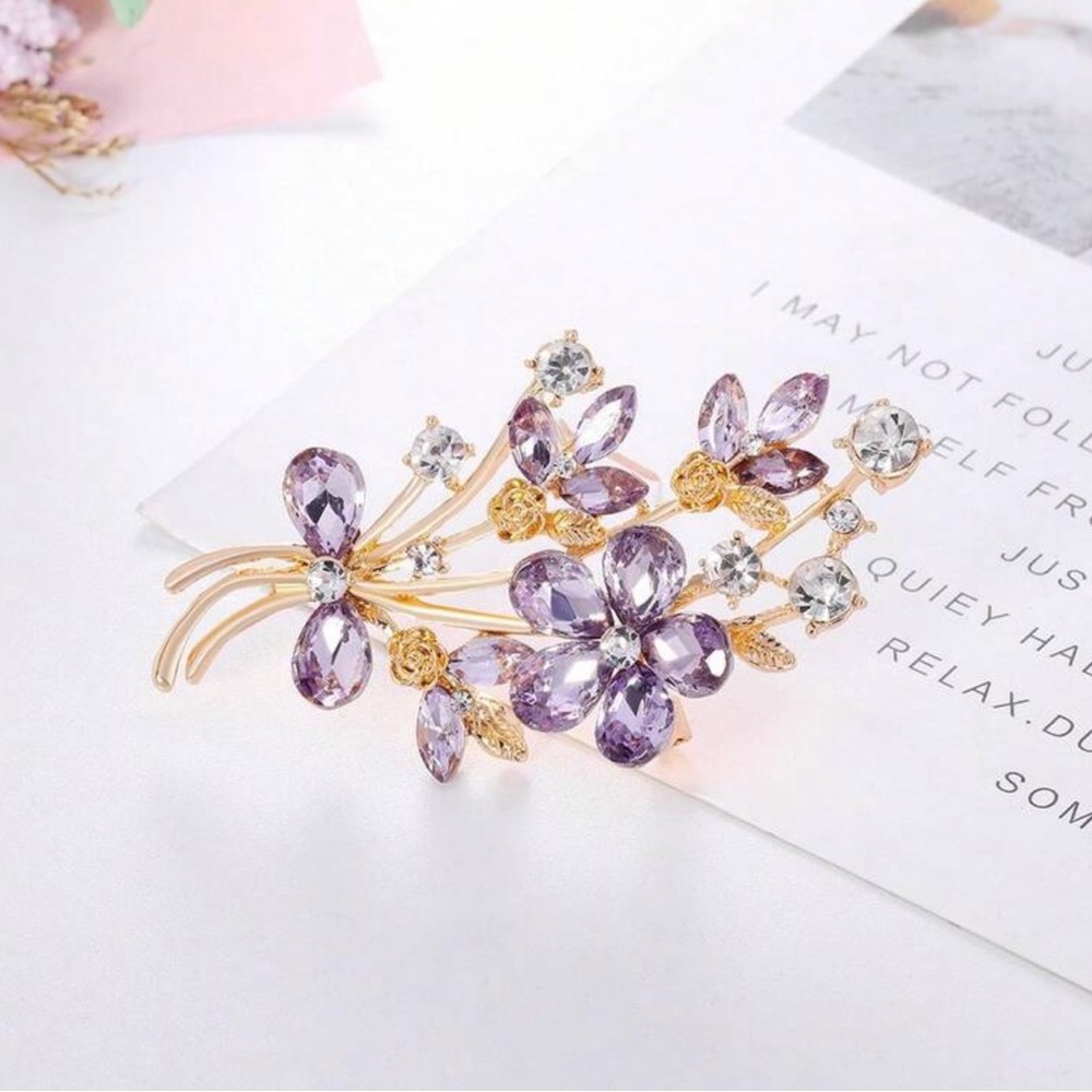 Elegant Floral Brooch with Purple and Gold Rhinestone Accents